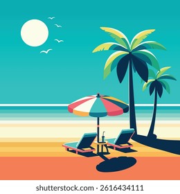Relaxation on the beach under a palm tree for two. Beach chairs with a sun umbrella on a tropical background. Poster, Banner, Flyer, Greeting Card. Vector illustration in flat cartoon style