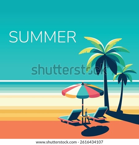 Relaxation on the beach under a palm tree for two. Beach chairs with a sun umbrella on a tropical background. Poster, Banner, Flyer, Greeting Card. Vector illustration in flat cartoon style