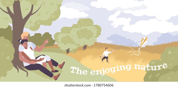 Relaxation on nature flat poster with resting family on rustic landscape  background  vector illustration