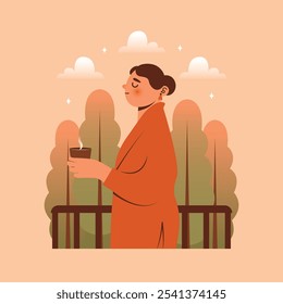 Relaxation on nature. Young woman in robe with cup of hot drink in hands stands balcony with view on forest. Autumn landscape. Vacation concept. Naive illustration with cute female person. Leisure.