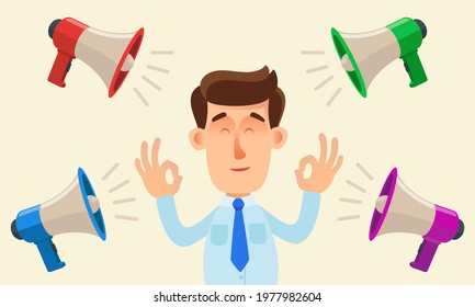 Relaxation from problems and pressures at work. An office worker meditates. Loudspeakers scream from the manager, he ignores them. Vector illustration, flat design, cartoon style, isolated.