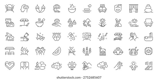 Relaxation and recreation outline icon set with editable stroke for spa and leisure concepts