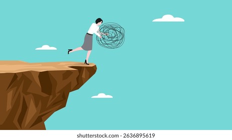 relaxation to relieve anxiety or stress from brain, businesswoman dropping stress messy line ball from cliff to abyss to relieve fatigue vector illustration