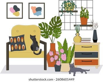 Relaxation room with green plants. Home garden, greenhouse. Bedside table and armchair for relaxation. Various plants in pots. Shelves for flowers. Pictures on the wall, vases with flowers. Lying cat.