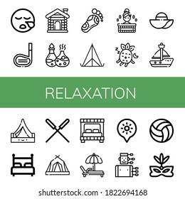 relaxation simple icons set. Contains such icons as Sleeping, Golf stick, Sauna, Essential oil, Reflexology, Tent, Pamela, Sailboat, Bed, can be used for web, mobile and logo