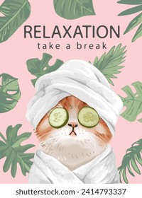 relaxation slogan with cute kitten relax in bathrobe hand drawn vector illustration