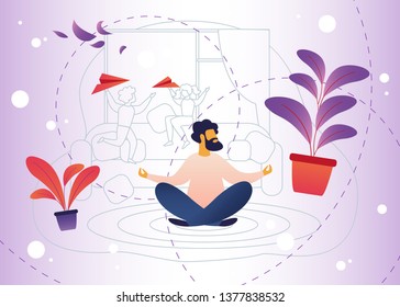 Relaxation, Stress from Parenting and Child Care. Bearded Man Sitting on Floor Apartment and Meditating. Parent Abstrogirovalis from Childrens Noise and Everyday Fuss. Vector Illustration.