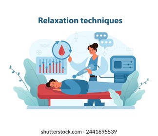 Técnicas de relajación. Una representación serena de una sesión de relajación, haciendo hincapié en la tranquilidad y el bienestar. Ilustración vectorial.
