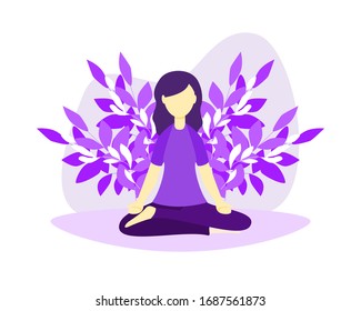 Ilustración vectorial de técnicas de relajación. Las mujeres sentadas en lotos de yoga se posicionan y disfrutan de calma, armonía y paz. Medicina alternativa para la vitalidad o el estilo de vida saludable y la realización del alma