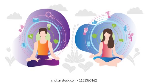 Relaxation techniques vector illustration. Human couple sitting in yoga lotos position and enjoy calm, harmony and peace. Alternative medicine for vitality or healthy lifestyle and soul fulfilment.