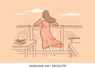 Relaxation and vacation on sea beach concept. Young woman standing backwards and having rest on balcony looking at view with sea coast vector illustration 