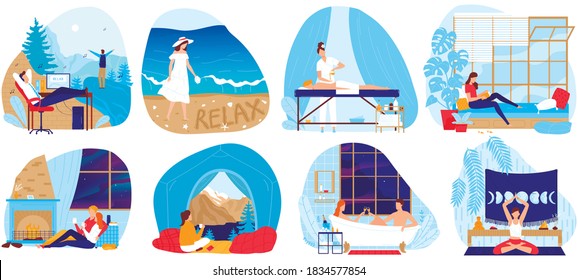 Conjunto de ilustraciones vectoriales de relajación. Viñeta comodidad plana relajar colección de meditación con personas relajándose en el baño, sofá de casa con libro o copa de vino, sobre el procedimiento de masaje aislado en blanco