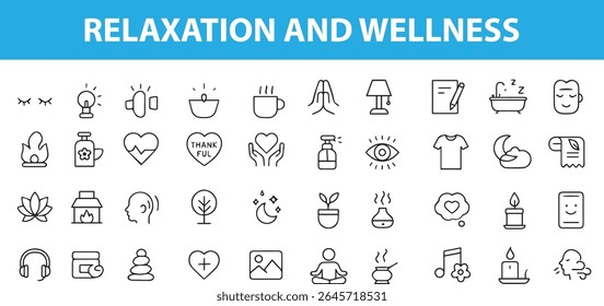 Relaxation and Wellness Icons,  Meditation, Spa, Self-Care, Sleep, Yoga, Aromatherapy, and More, Provided in editable format EPS, JPG, Use for Ui and print media