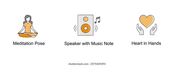 Relaxation and Wellness. Meditation Pose, Heart in Hands, Speaker with Music Note