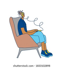 Relaxation. Young woman in headphones sitting and listening a music or audiobooks. Attractive girl spending time by own company. Vector illustration. 