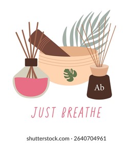 Relaxation-themed vector with meditation accessories: singing bowl, aroma diffuser, tropical foliage. For promotional use