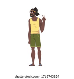 Relaxed African American Man Showing Victory Sign, Lounging Male Character Wearing Sleeveless Tank Top and Shorts Ready to Enjoy His Leisure Vacation Cartoon Vector Illustration