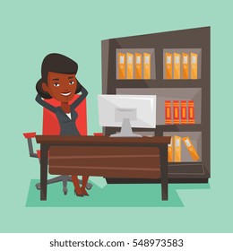 Relaxed african-american business woman sitting at workplace in office. Young business woman relaxing in the office with her hands clasped behind head. Vector flat design illustration. Square layout.