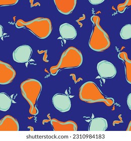Entspannte Äpfel, Birnen, hellnaher, Vektormuster-Hintergrund. Tropischer Neonindigo, orangefarbene Obstgärten-Hintergrund. Handgezeichnete Pinselstriche für den Sommer. Überall auf Druck.