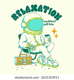 Relaxed Astronaut Sitting with Coffee and Boombox for Streetwear T-shirt and Poster Art Design