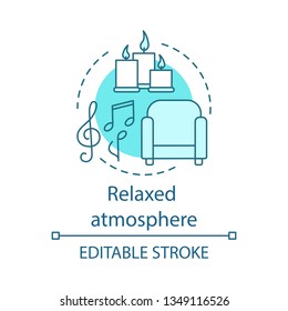 Relaxed atmosphere concept icon. Rest room. Meditation place. Romantic area. Armchair, music and candles. Cozy apartment idea thin line illustration. Vector isolated outline drawing. Editable stroke
