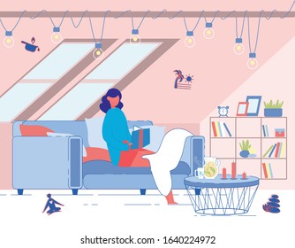Relaxed Atmosphere for Reading Favorite Book. Girl Sitting on Soft Sofa, Cover Legs with Plaid and Carefully Look at Hardback Book. Table Hot Tea and Candles. Lamps Hang from above, Giving Comfort.
