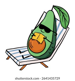 Relaxed avocado character reading a book on a striped sun lounger in kawaii style. Concept symbolizes self-care, summer leisure and healthy lifestyle with humor