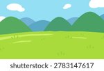 A relaxed background illustration of a grassland, mountains, and sky_16:9