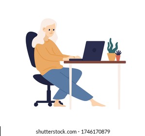 Relaxed barefoot woman use laptop sitting on armchair at table vector flat illustration. Smiling domestic girl working remotely isolated on white. Happy female surfing internet spending time at home