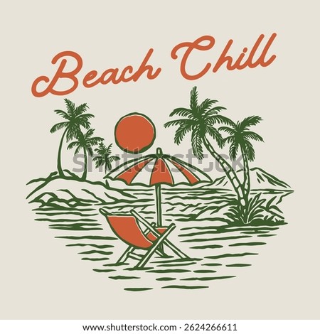 A relaxed beach illustration with a sun umbrella, chair, and palm trees, set against a sunset on a peaceful shore, capturing calm summer moments.