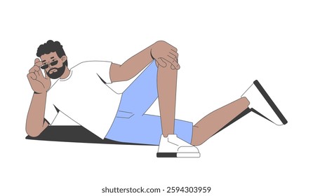 Relaxed bearded black man in sunglasses lounging on side 2D cartoon character. Laid-back african american guy comfortable posing flat vector person isolated on white. Spot illustration colorful