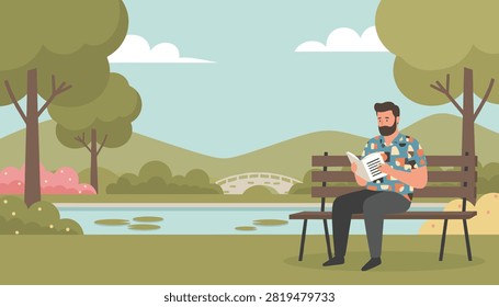 Relaxed bearded man sitting on a wooden park bench and reading a classic book in a peaceful green park near a lake.