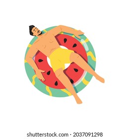 Un hombre con barba y relajado tomando sol sobre la vida en forma de sandía, ilustración vectorial plana aislada sobre fondo blanco. Hombre en la piscina de verano o en la playa.