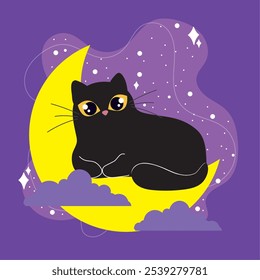 Relaxed black cat resting on crescent moon with clouds and stars, Vector illustration