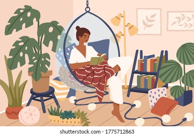 Relaxed black skin woman sitting in comfy hanging chair vector flat illustration. Female covering plaid reading book at cozy home interior. Time for yourself and relaxation at comfortable atmosphere