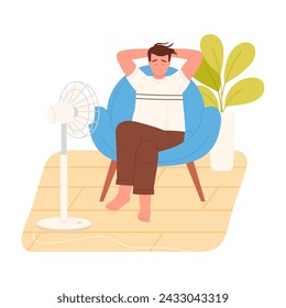 Relaxed boy in armchair with fan. Electric fan device, fresh aer ventilator cartoon vector illustration