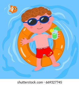 Relaxed boy with buoy in sea water vector