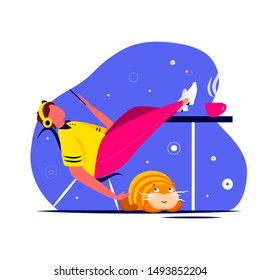 Relaxed boy lying in armchair enjoying music melody playing on phone in modern wireless headphones. Music lover man having fun with his cat. Entertainment leisure joy. Flat vector illustration