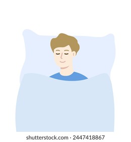 Relaxed boy sleeping in bed. Healthcare, rest, insomnia, sweet dream, happy lifestyle concepts. Flat character vector design isolated illustrations.