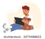 Relaxed Boy with Tablet Pc and Teddy Bear Watching Movies or Studying Online. Child Character Using Gadget, Kid Remote Education, Addiction of Smart Technologies. Cartoon People Vector Illustration