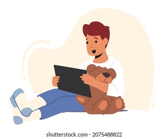 Relaxed Boy with Tablet Pc and Teddy Bear Watching Movies or Studying Online. Child Character Using Gadget, Kid Remote Education, Addiction of Smart Technologies. Cartoon People Vector Illustration