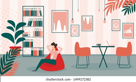 Relaxed Business Man Character Sitting in Cozy Armchair in Office Having Leisure or Coffee Break, Businessman Having Relaxation Pause for Recreation. Cartoon Flat Vector Illustration, Square Banner