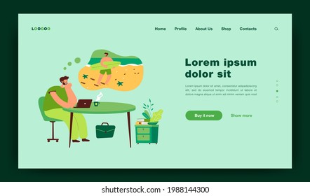 Relaxed business man dreaming of holidays in tropical island, planning surfing on vacation at sea while working at laptop. Flat vector illustration