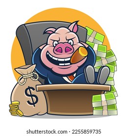 Relaxed business man entrepreneur sitting in office chair in confident pose at a clean desk with laptop computer. Flat style modern vector illustration.