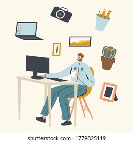 Relaxed Business Man or Freelancer Character Working on Computer Sitting at Desk Workplace in Office or Home. Freelance Outsourced Employee Occupation, Working Activity. Linear Vector Illustration