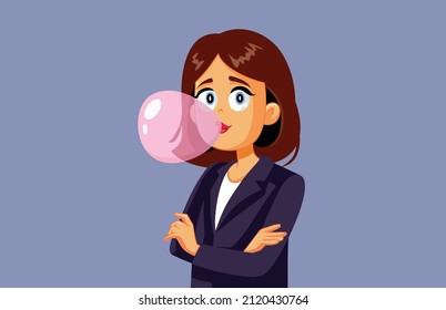 
Relaxed Business Manager Chewing Bubble Gum Vector Cartoon. Laid-back female CEO making gum bubbles as stress relief technique 
