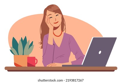 Relaxed business woman dreaming sitting at office workplace desk with laptop computer. Dreamy person leaning on hand relaxing during break at work. Relaxation, procrastination flat vector illustration