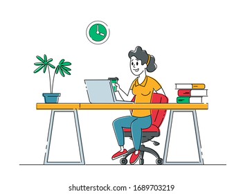 Relaxed Business Woman or Freelancer Working on Laptop Sitting on Floor Thinking of Tasks. Freelance Outsourced Employee Occupation, Working Activity, Online Services. Linear Vector Illustration