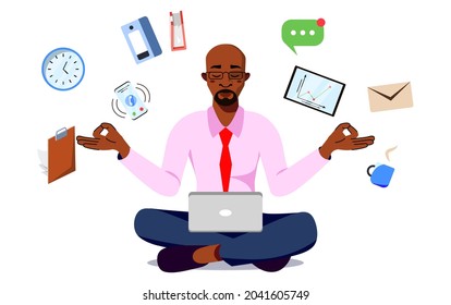 Relaxed Businessman doing Yoga. Happy Man wearing suit and sitting in Lotus Pose. Meditation in the Office. Focus and Concentration on the Job Concept. Vector Cartoon Character.