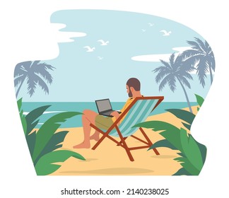 Relaxed Businessman Freelancer in Summer Wear Sitting on Daybed on Exotic Tropical Beach with Palm Trees Working on Laptop. Distant Outsourced Employee, Vacation. Cartoon People Vector Illustration